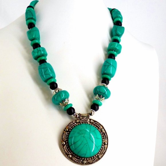 Jewelry - Southwestern Necklace Faux Turquoise Huge Pendant Ethnic 24" NOS Perfect M550